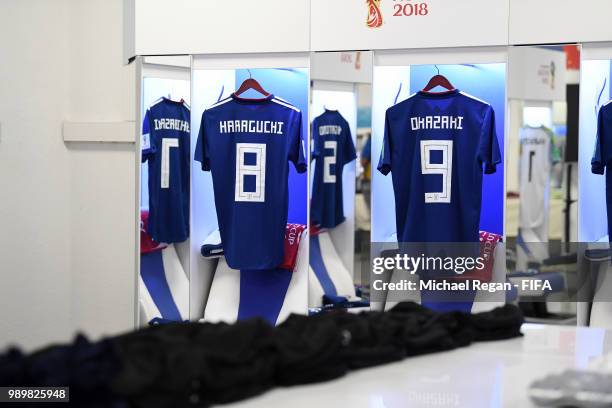 Shirts of Genki Haraguchi and Shinji Okazaki hangs inside the Japan dressing room prior to to the 2018 FIFA World Cup Russia Round of 16 match...