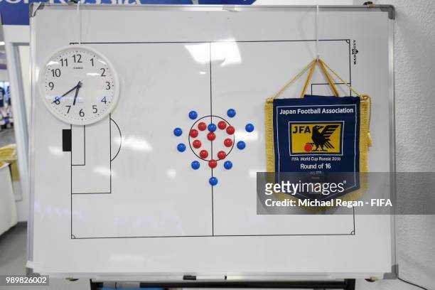 General View of Japan pennant hanging up on a whiteboard in Japan dressing room prior to the 2018 FIFA World Cup Russia Round of 16 match between...
