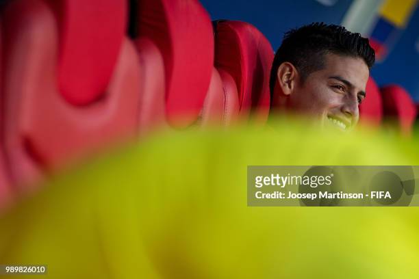 James Rodriguez looks on during Colombia Training at Spartak Stadium on July 2, 2018 in Moscow, Russia.