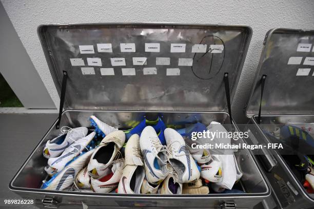 General view of names of Belgium players are seen on boots container in Belgium dressing room prior to the 2018 FIFA World Cup Russia Round of 16...