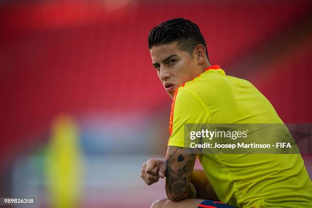 James Rodriguez looks on during Colombia Training at Spartak Stadium on July 2, 2018 in Moscow, Russia.