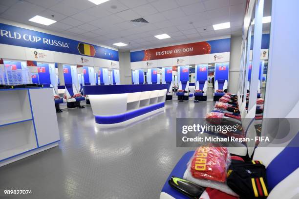 General view inside the Belgium dressing room prior to the 2018 FIFA World Cup Russia Round of 16 match between Belgium and Japan at Rostov Arena on...