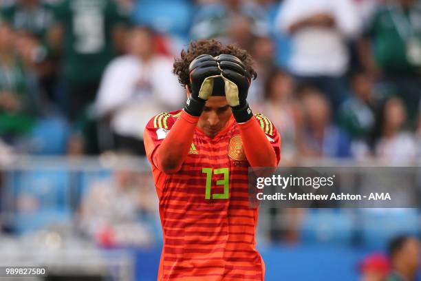 Guillermo Ochoa of Mexico reacts during the 2018 FIFA World Cup Russia Round of 16 match between Brazil and Mexico at Samara Arena on July 2, 2018 in...