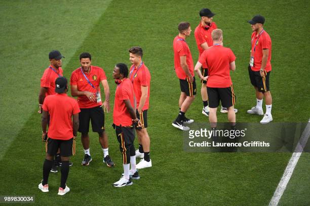 Belgium players look on during a pitch inspection prior to the 2018 FIFA World Cup Russia Round of 16 match between Belgium and Japan at Rostov Arena...