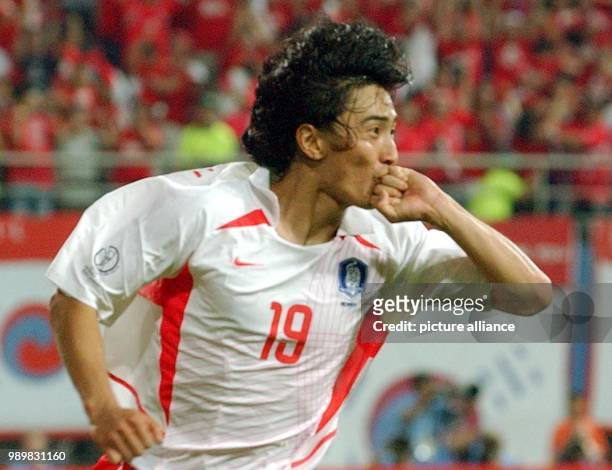 South Korean midfielder Ahn Jung-Hwan celebrates his golden goal in the 116th minute which gives his team the victory over Italy. South Korea...