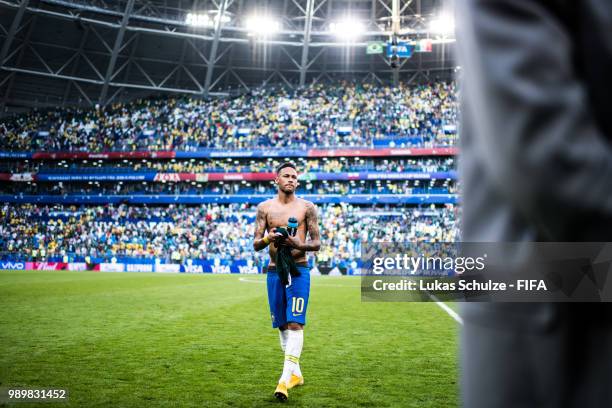 Neymar Jr of Brazil walks off the pitch following the 2018 FIFA World Cup Russia Round of 16 match between Brazil and Mexico at Samara Arena on July...