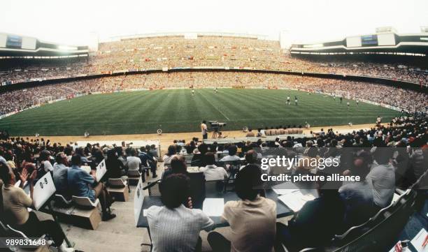 Interior view of the Santiago Bernabeu Stadium in Madrid, Spain during the World Cup final between Germany and Italy on 11 July 1982. A crowd of...