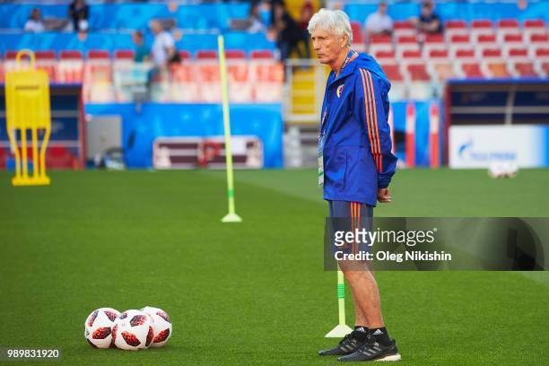 Colombia head coach Jose Pekerman observes during a training session at the 2018 FIFA World Cup at Spartak Stadium on July 2, 2018 in Moscow, Russia.