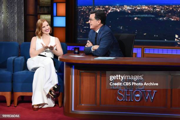 The Late Show with Stephen Colbert and guest Jessica Chastain during Monday's June 25, 2018 show.