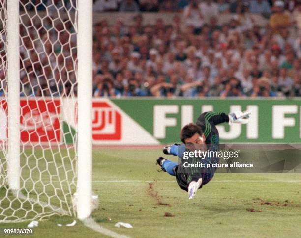 Argentinian goalkeeper Sergio Goycoechea dives in vain for the ball albeit choosing the correct corner of the goal. In the 85th minute of the 1990...
