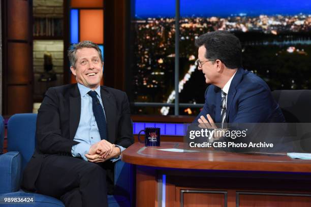 The Late Show with Stephen Colbert and guest Hugh Grant during Tuesday's June 26, 2018 show.