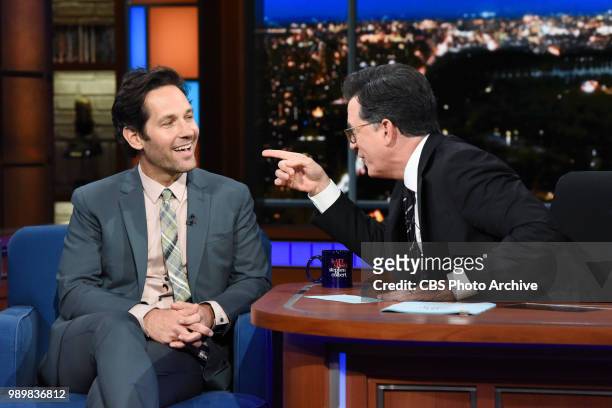 The Late Show with Stephen Colbert and guest Paul Rudd during Wednesday's June 27, 2018 show.
