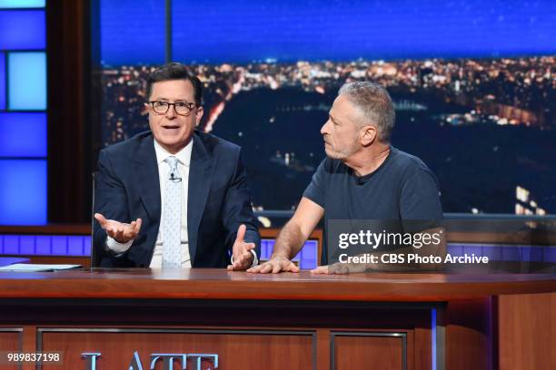 The Late Show with Stephen Colbert and guest Jon Stewart during Thursday's June 28, 2018 show.