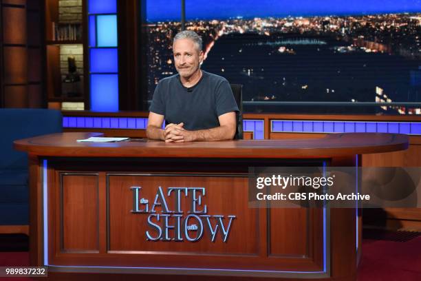 The Late Show with Stephen Colbert and guest Jon Stewart during Thursday's June 28, 2018 show.