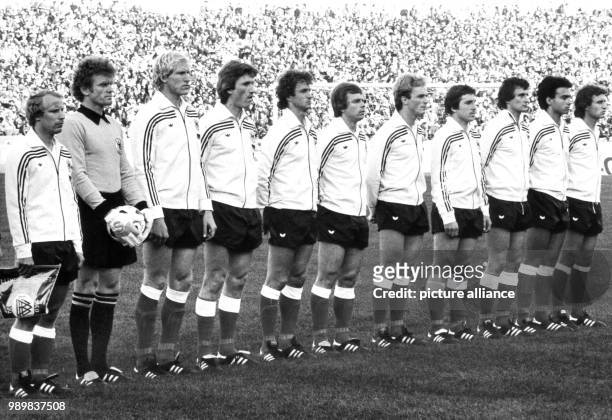 The German national team lines up for the national anthem before the kick-off of the 1978 World Cup game Germany against Mexico in Cordoba, Argentina...