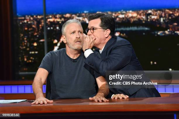 The Late Show with Stephen Colbert and guest Jon Stewart during Thursday's June 28, 2018 show.