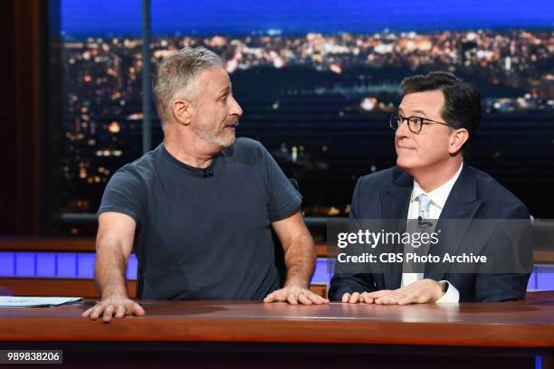 The Late Show with Stephen Colbert and guest Jon Stewart during Thursday's June 28, 2018 show.