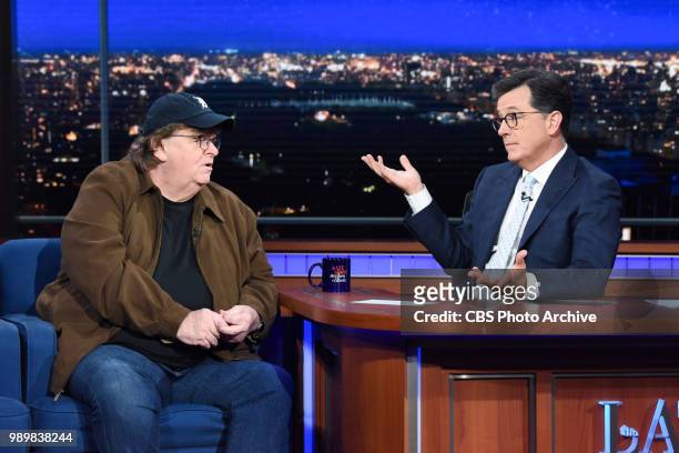 The Late Show with Stephen Colbert and guest Michael Moore during Thursday's June 28, 2018 show.