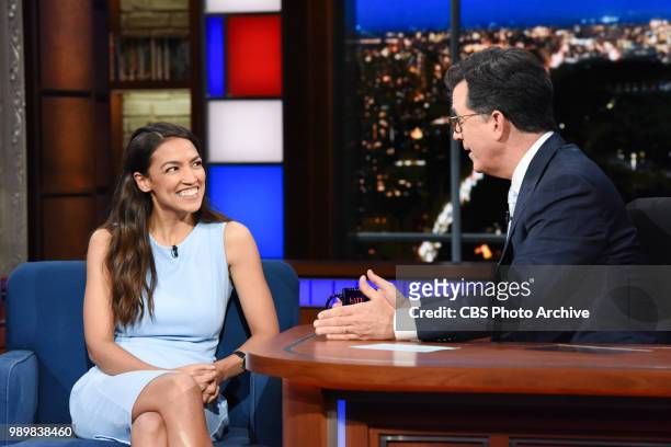 The Late Show with Stephen Colbert and guest Alexandria Ocasio-Cortez during Thursday's June 28, 2018 show.