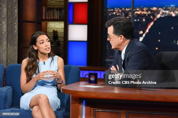 The Late Show with Stephen Colbert and guest Alexandria Ocasio-Cortez during Thursday's June 28, 2018 show.