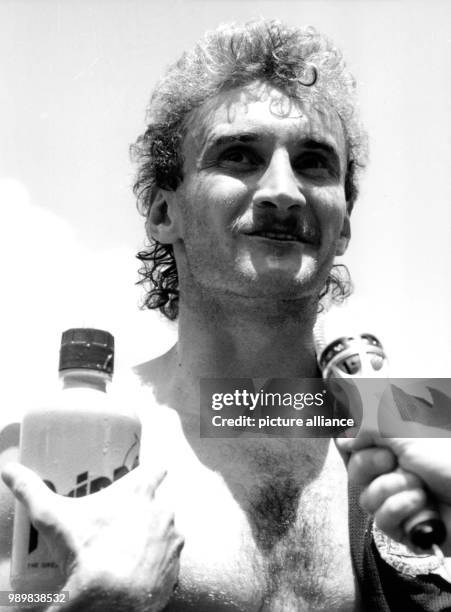 German goalgetter Rudi Voeller feels relieved in an interview right after the end of the 1986 World Cup soccer game Germany against Scotland in in...