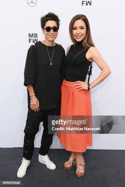 Dunja Hayali and Anastasia Zampounidis attend the Guido Maria Kretschmer show during the Berlin Fashion Week Spring/Summer 2019 at ewerk on July 2,...