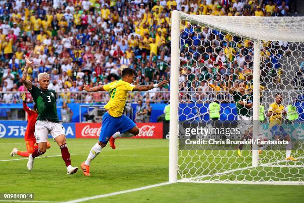 Roberto Firmino of Brazil scores his side's second goal during the 2018 FIFA World Cup Russia Round of 16 match between 1st Group E and 2nd Group F...
