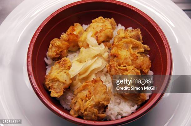 japanese fried chicken (karaage) with pickled ginger on steamed rice - pickled ginger bildbanksfoton och bilder