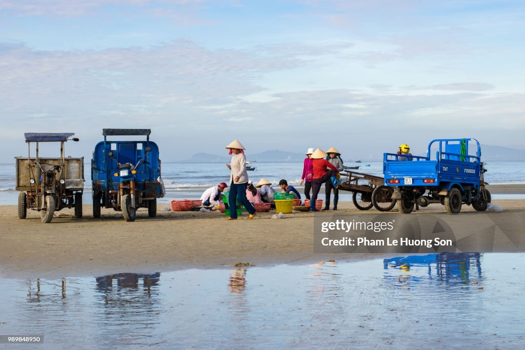 People trading fishes on the beach near Long Hai Fish Market