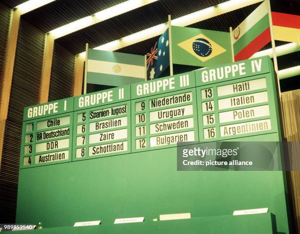 The results of the final draw of the 1974 FIFA World Cup at the Grosse Sendesaal studio of the Hessische Rundfunk TV station in Frankfurt/Main,...