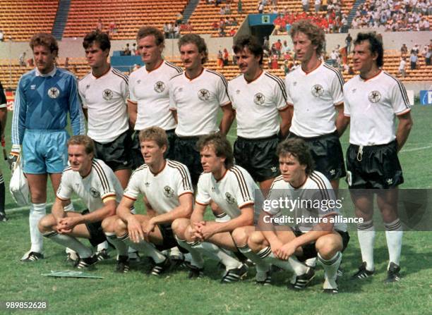 Team photo line-up of the German national football team at the 1986 FIFA World Cup in Monterrey, Mexico, prior to the last 16 round match against...