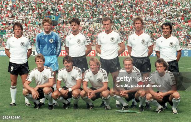 Team photo line-up of the German national football team at the 1986 FIFA World Cup at Monterrey's Estadio Universitario stadium prior to the quarter...