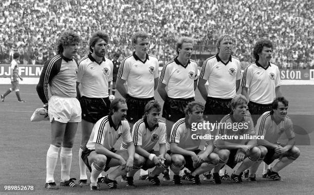 Line-up of the German national football team at the 1982 FIFA World Cup at Gijon's Molinon stadium prior to their sensational 1:2 group match defeat...