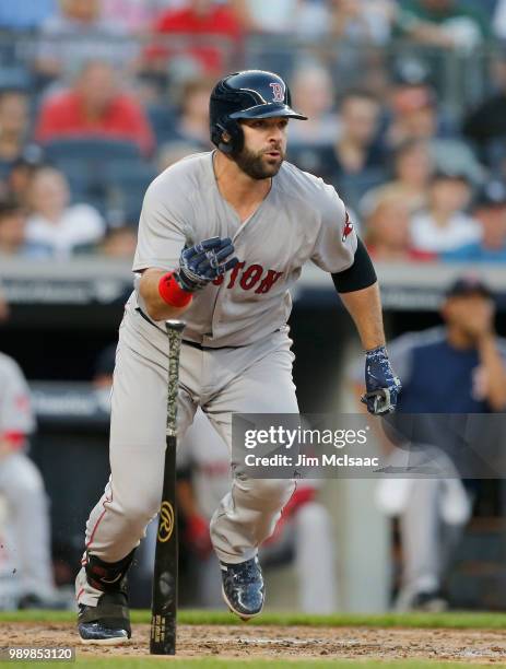 Mitch Moreland of the Boston Red Sox in action against the New York Yankees at Yankee Stadium on June 30, 2018 in the Bronx borough of New York City....