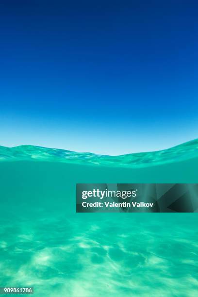 clear waterline caribbean sea underwater and over with blue sky - waterline stock pictures, royalty-free photos & images