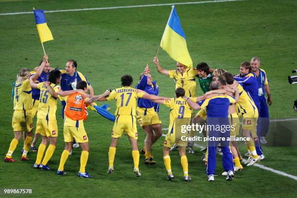Players from Ukraine celebrate after the penalty shoot out during the 2nd round match of 2006 FIFA World Cup between Switzerland and Ukraine in...
