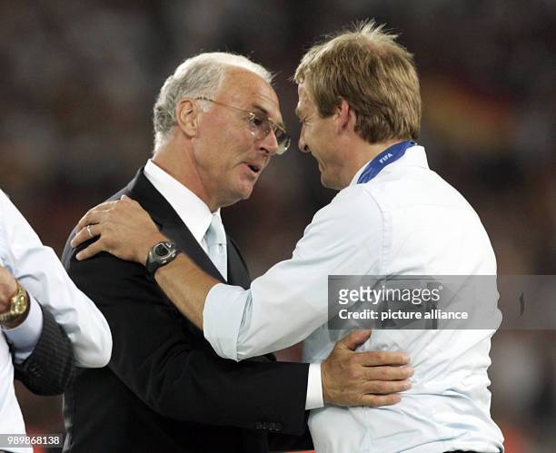 German coach Juergen Klinsmann and Franz Beckenbauer of Germany after the 3rd place match of the 2006 FIFA World Cup between Germany and Portugal in...