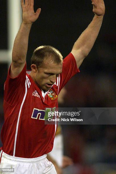 Matt Dawson of the British Lions after kicking the conversion to win the match 30-28 in the match between the British and Irish Lions and the ACT...