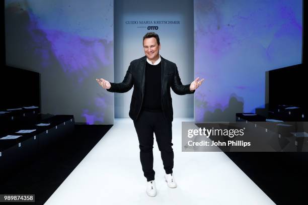 Designer Guido Maria Kretschmer poses after his show during the Berlin Fashion Week Spring/Summer 2019 at ewerk on July 2, 2018 in Berlin, Germany.