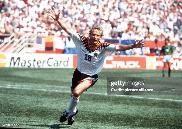 Juergen KLINSMANN, Germany, is celebrating after a goal during the 1994 FIFA World Cup, USA.