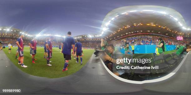 General view inside the stadium as Japan warms up prior to the 2018 FIFA World Cup Russia Round of 16 match between Belgium and Japan at Rostov Arena...