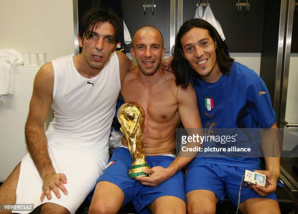 Italy's national team is celebrating the World Cup title in the dressing room, Gianluigi Buffon, Alessandro Del Piero and Mauro Camoranesi with World...