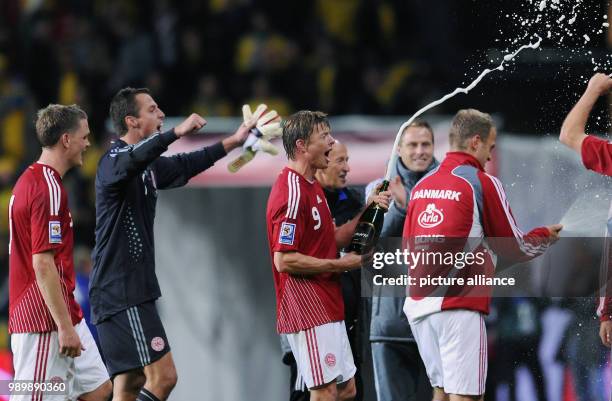 Football International 2010 FIFA World Cup Qualification Group 1 October 10th 2009 Denmark - Sweden Cheering after the match: Denmark's players are...