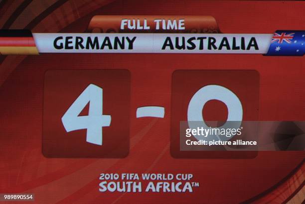 The scoreboard shows the match result after the 2010 FIFA World Cup group D match between Germany and Australia at Durban Stadium in Durban, South...