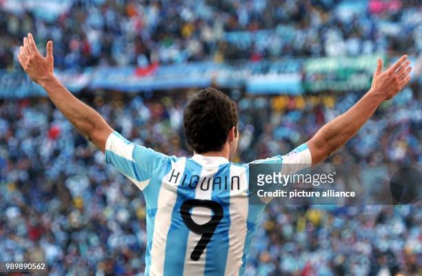 Gonzalo Higuain of Argentina celebrates after scoring during the FIFA World Cup 2010 group B match between Argentina and South Korea at Soccer City...