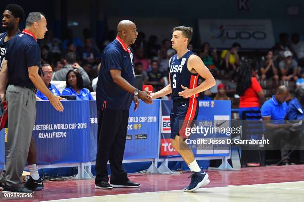 David Stockton of Team USA high fives his coach against Cuba during the FIBA Basketball World Cup 2019 Americas Qualifiers on July 1, 2018 at Havana,...