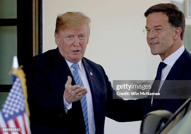 President Donald Trump welcomes Dutch Prime Minister Mark Rutte to the White House July 2, 2018 in Washington, DC. Trump and Rutte were expected to...