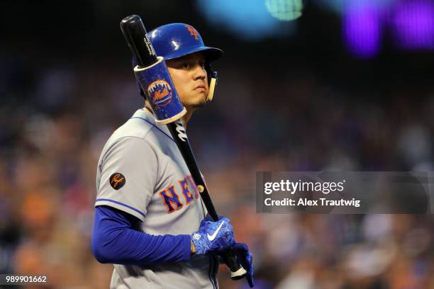 Wilmer Flores of the New York Mets prepares to bat during a game against the Colorado Rockies at Coors Field on Tuesday, June 19, 2018 in Denver,...