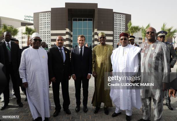 Mali's President Ibrahim Boubacar Keita, Mauritania President Mohamed Ould Abdel Aziz, French President Emmanuel Macron, Chad's President Idriss...