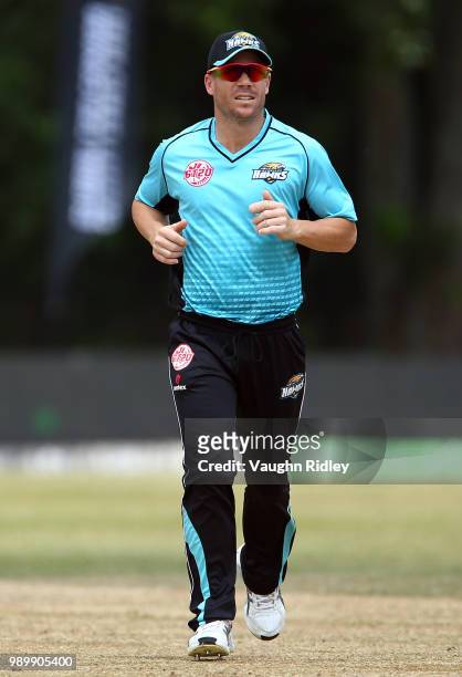 David Warner of Winnipeg Hawks looks on during a Global T20 Canada match against Toronto Nationals at Maple Leaf Cricket Club on July 2, 2018 in King...
